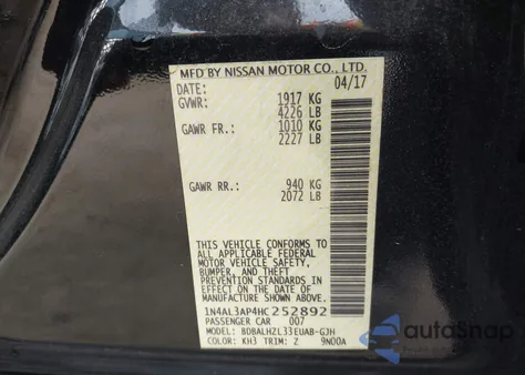 2017 Nissan Altima 2.5 Sr from USA, damaged, VIN 1N4AL3AP4HC252892